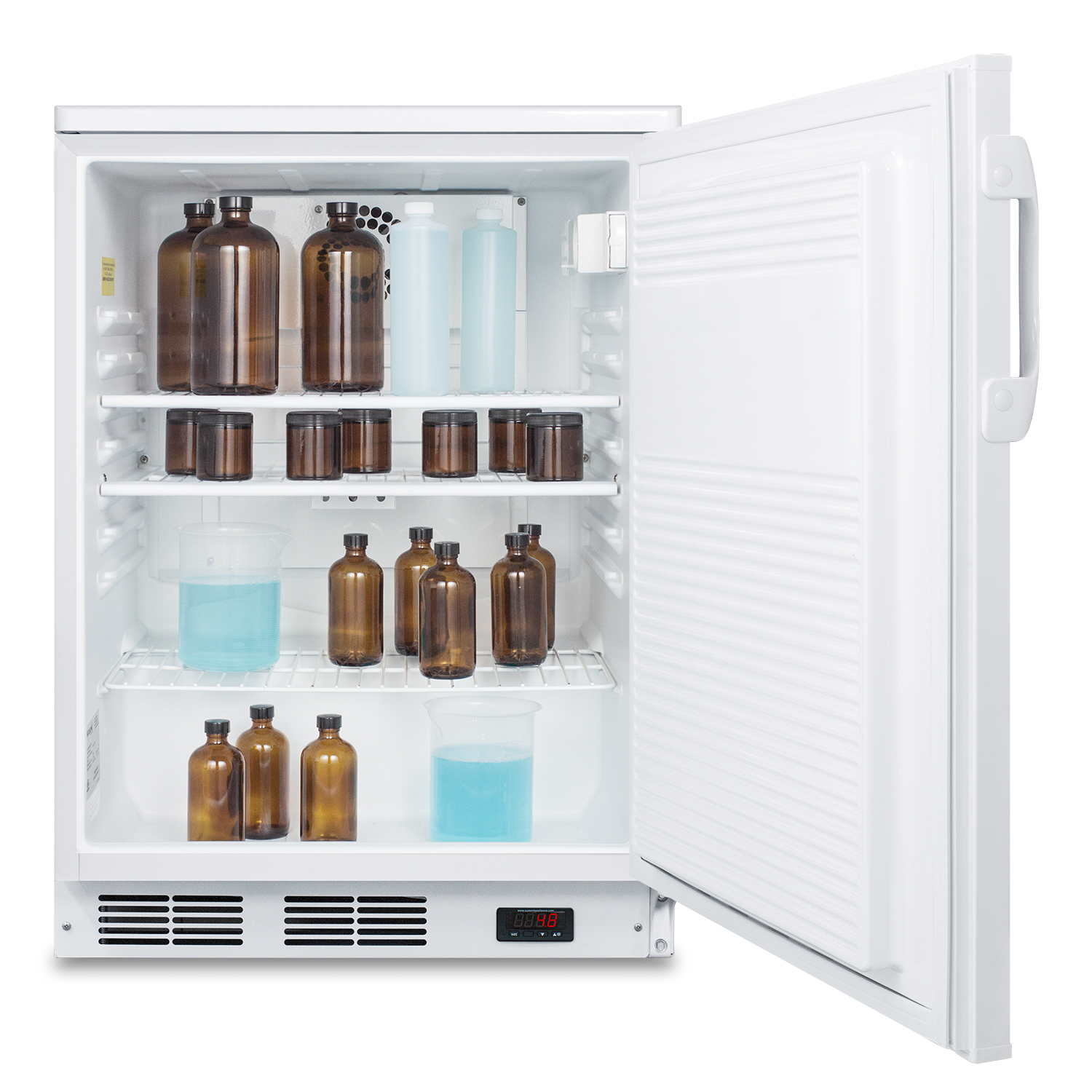 Commercially listed freestanding all-refrigerator for general purpose use, with front lock, automatic defrost operation and white exterior